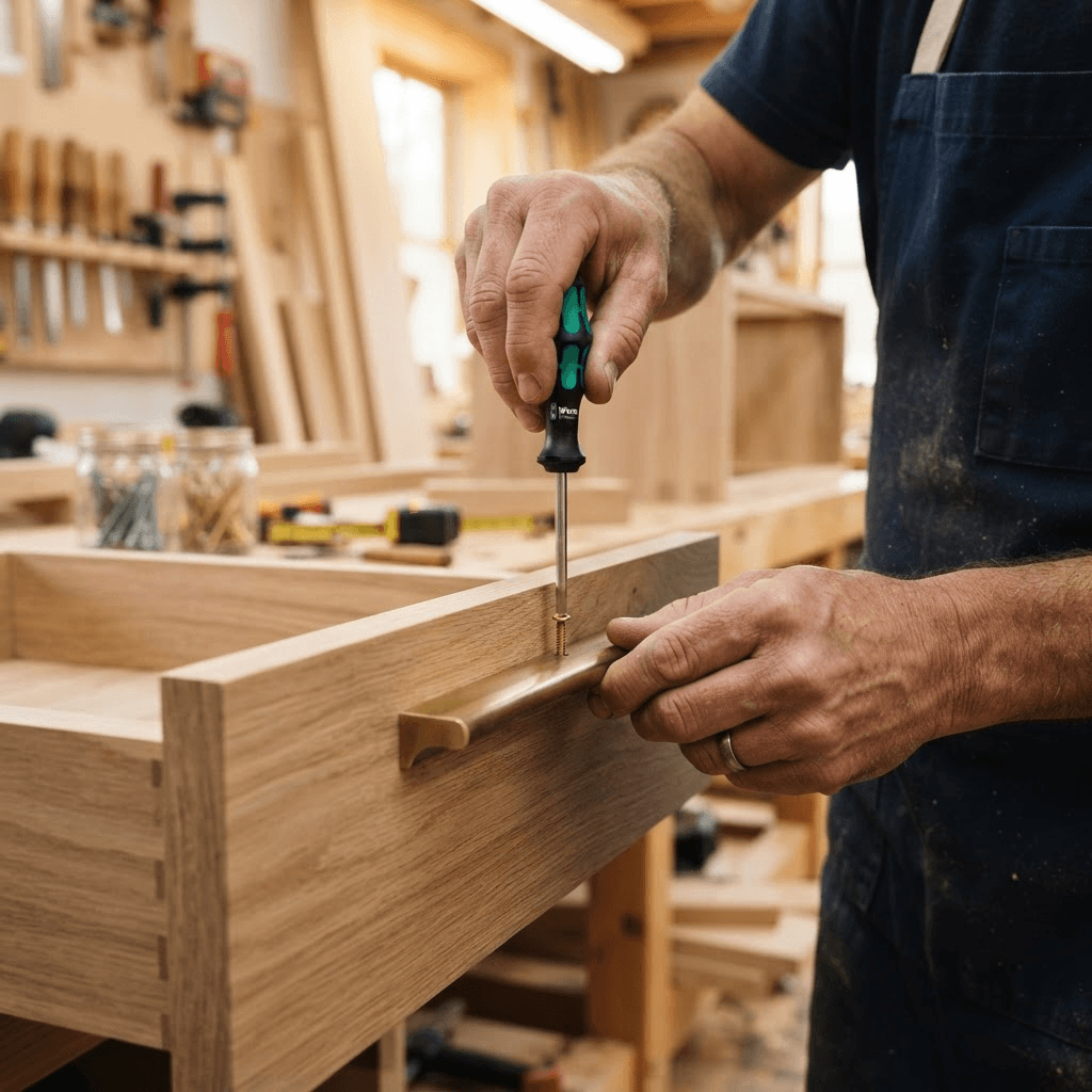 Skilled craftsman installing a custom brass cabinet handle