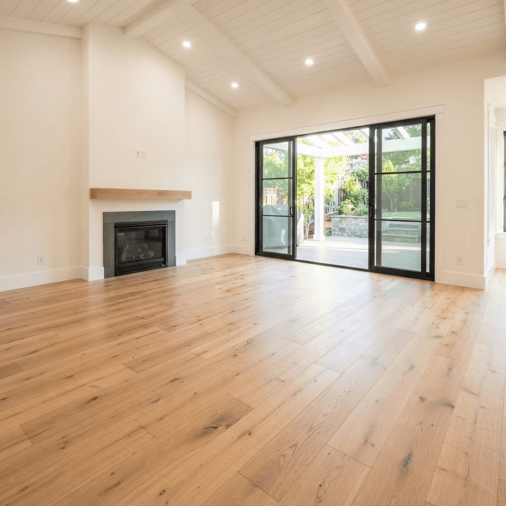 A bright Pittsburgh living room with freshly installed wide-plank white oak flooring and crisp painted walls